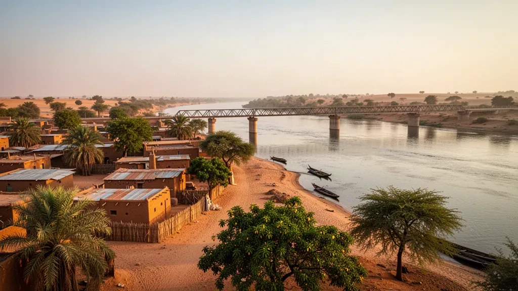 Tillabéri, Niger: die Nigerbrücke und die niedrige Sahel-Stadtlandschaft im warmen Licht des späten Nachmittags