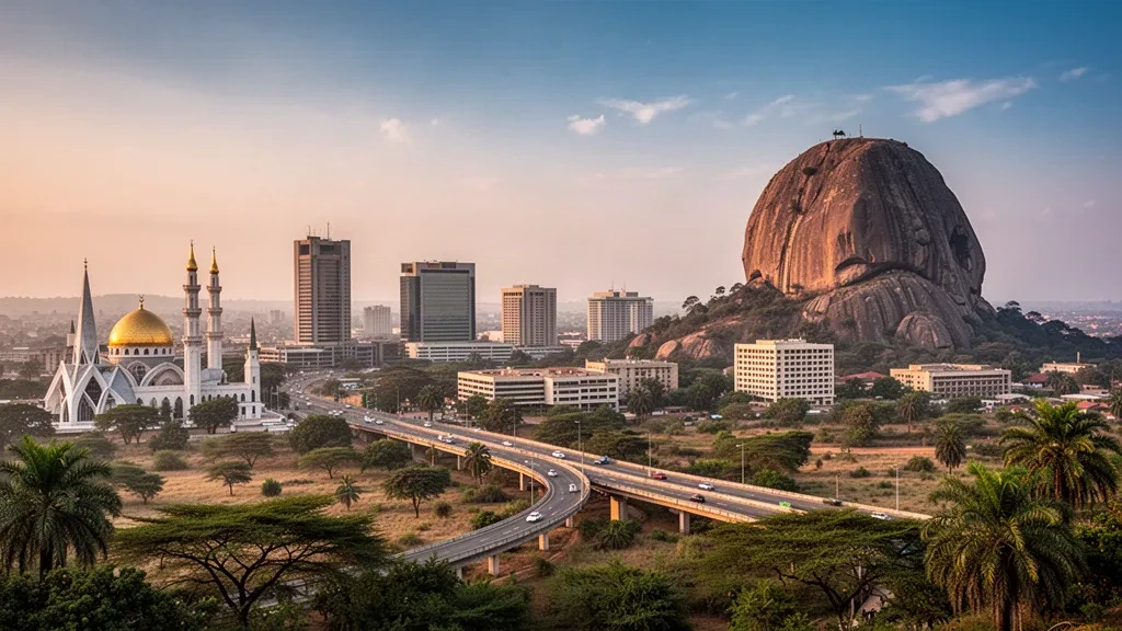 Skyline d'Abuja avec l'affleurement granitique d'Aso Rock à l'heure dorée, Territoire de la capitale fédérale, Nigeria