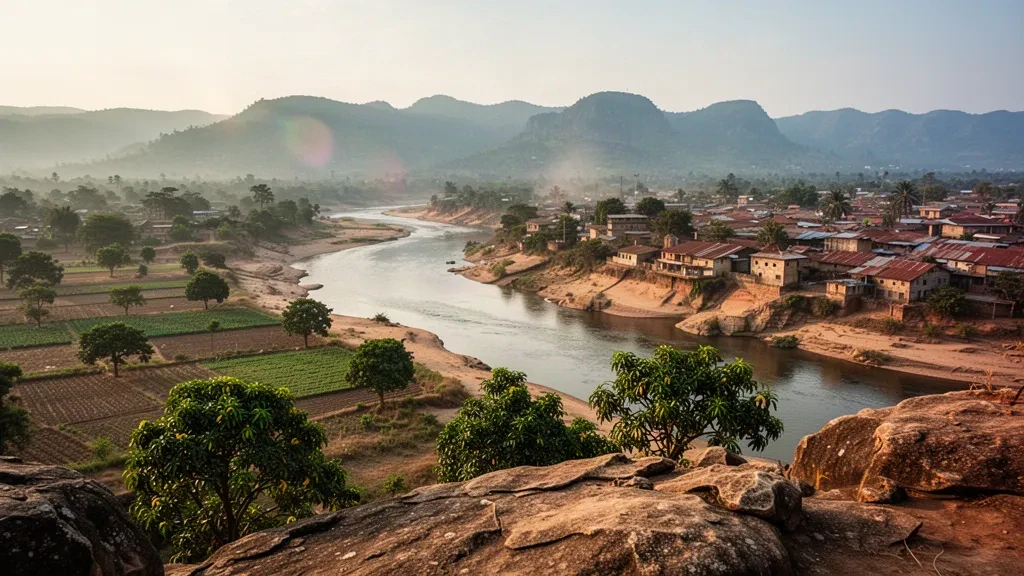 Blick zur goldenen Stunde über das Benue-Tal bei Yola, Bundesstaat Adamawa, Nigeria, mit den Mandara-Bergen am Horizont