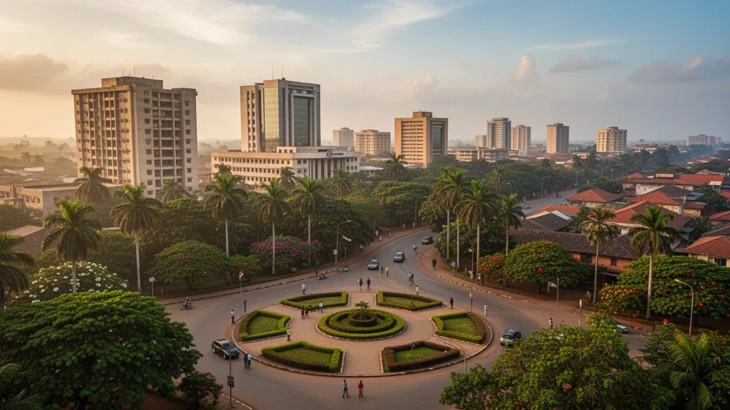Akwa Ibom, Nijerya'daki Uyo şehir silüetinin altın saatlerde yüksekten görünümü; palmiye ağaçlı bulvarlar, yeşillikler ve modern binalar