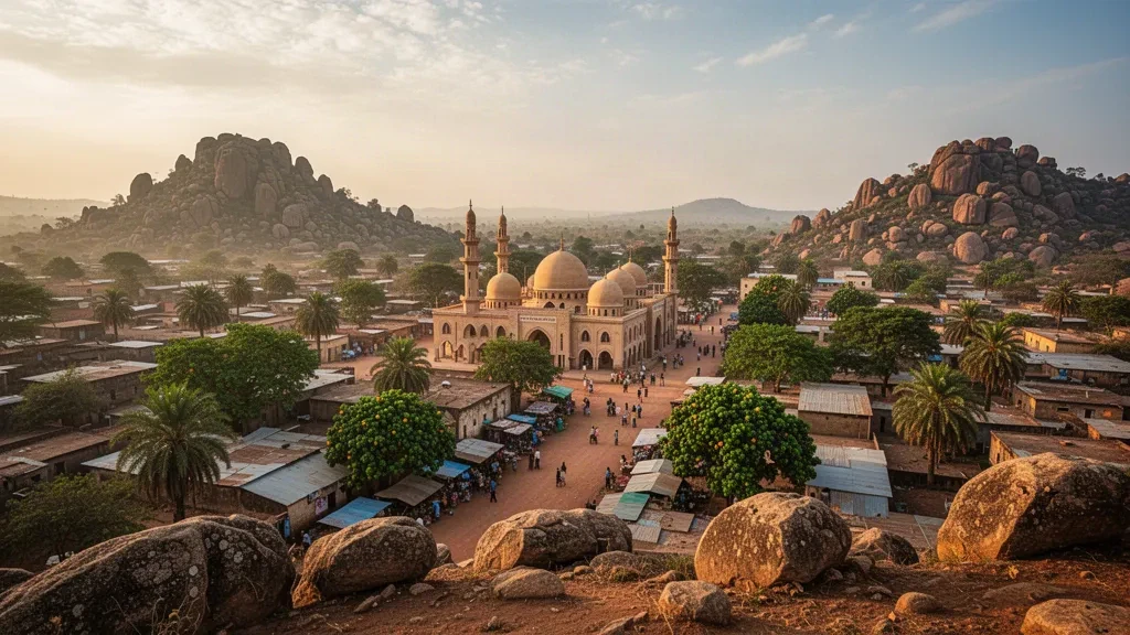 Veduta all'ora d'oro su Bauchi, Nigeria, con le cupole e i minareti della moschea centrale che si ergono sopra la città e le colline granitiche rocciose.