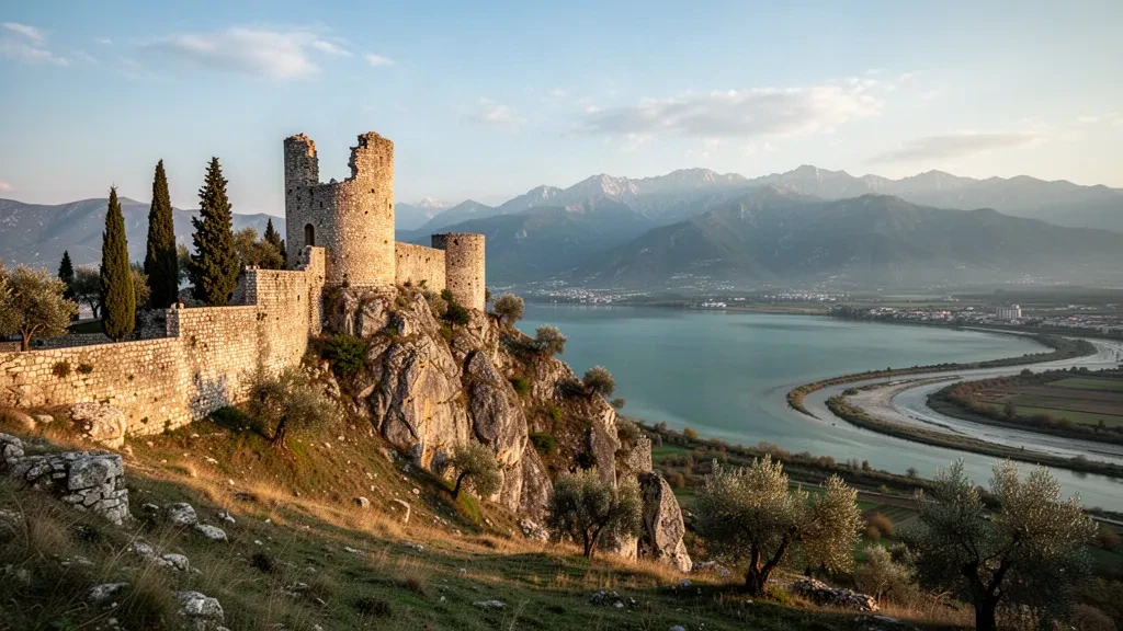 Burg Rozafa auf ihrem Hügel über dem Shkodrasee mit dem Fluss Buna und den Albanischen Alpen zur goldenen Stunde in Shkodër, Albanien
