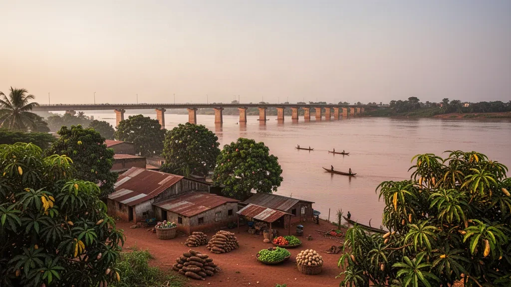 Vue à l'heure dorée de la rivière Benue et du pont de Makurdi dans l'État de Benue, au Nigeria, encadrée par des terres agricoles verdoyantes et des pirogues