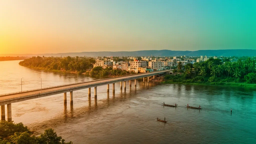 Veduta di Makurdi, nello Stato di Benue, Nigeria, durante l'ora dorata, con il ponte sul fiume Benue e lo skyline verde delle rive del fiume