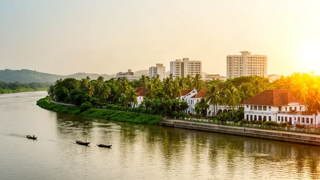 Golden-hour view of Calabar's riverfront, palm-lined banks and city skyline along the Calabar River in Cross River State, Nigeria