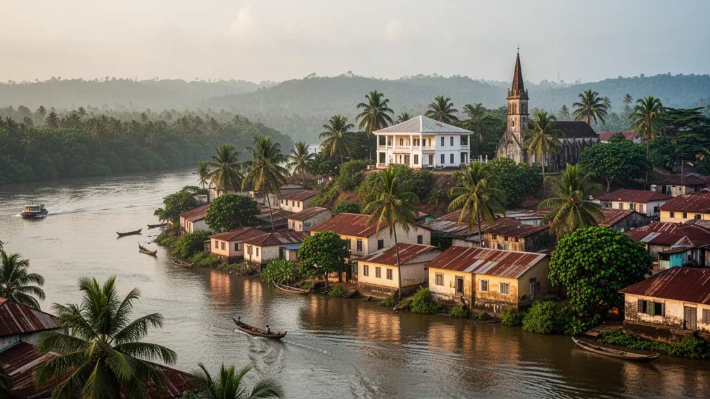 Vue à l'heure dorée sur le front de mer de Calabar et la rivière Calabar dans l'État de Cross River, au Nigeria, avec des palmiers et des bâtiments de l'époque coloniale