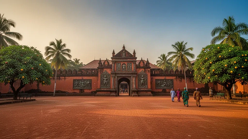 El histórico Palacio del Oba en Benin City, estado de Edo, Nigeria, rodeado de exuberante vegetación tropical durante la hora dorada.