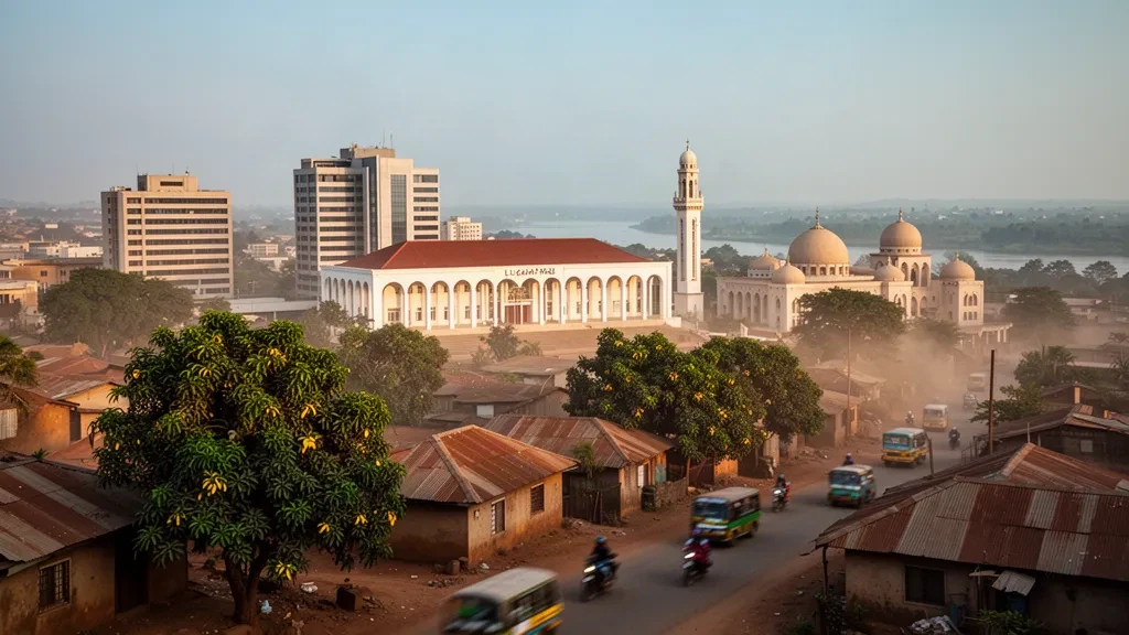 Golden hour view over Kaduna, Nigeria, with the colonnaded Lugard Hall, green trees and a warm northern city skyline in the distance