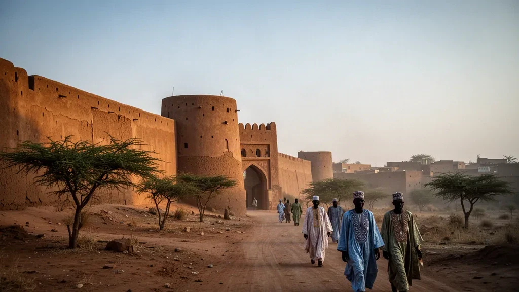 Antiguas murallas de adobe y puerta histórica de Kano, Nigeria, resplandeciendo con la cálida luz del atardecer del Sahel
