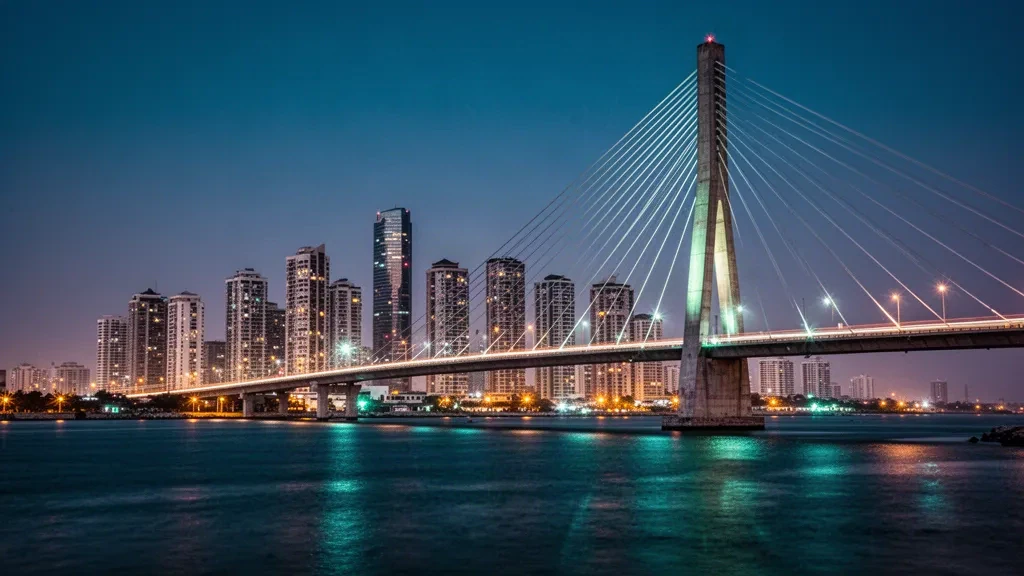 Lagos lagünü üzerinde alacakaranlıkta ışıklandırılmış Lekki-Ikoyi Bağlantı Köprüsü ve arkasında Victoria Island yüksek binalar silüeti
