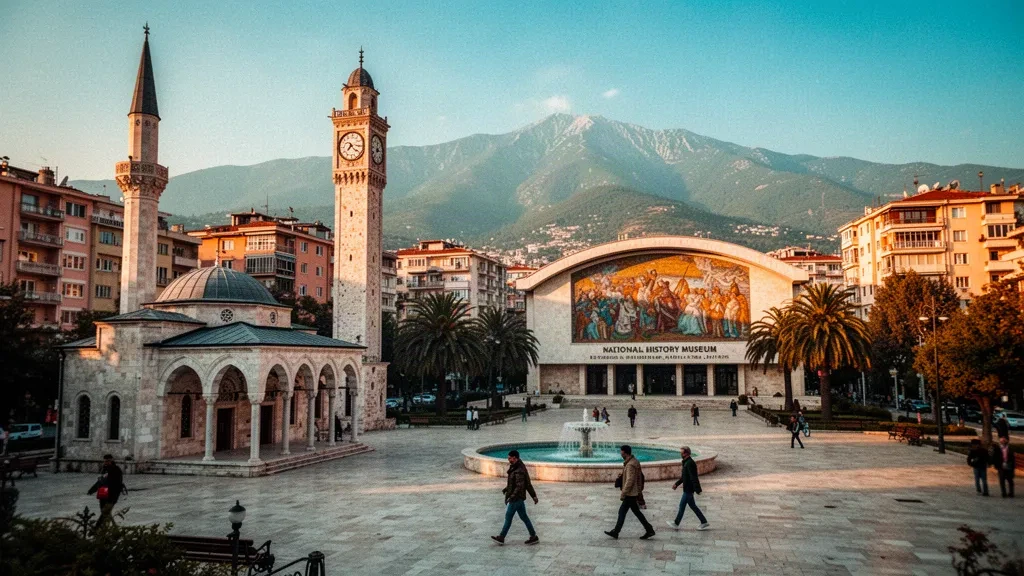 Vue à l'heure dorée sur la place Skanderbeg à Tirana, en Albanie, avec la mosquée Et'hem Bey, la tour de l'Horloge et le mont Dajti en arrière-plan