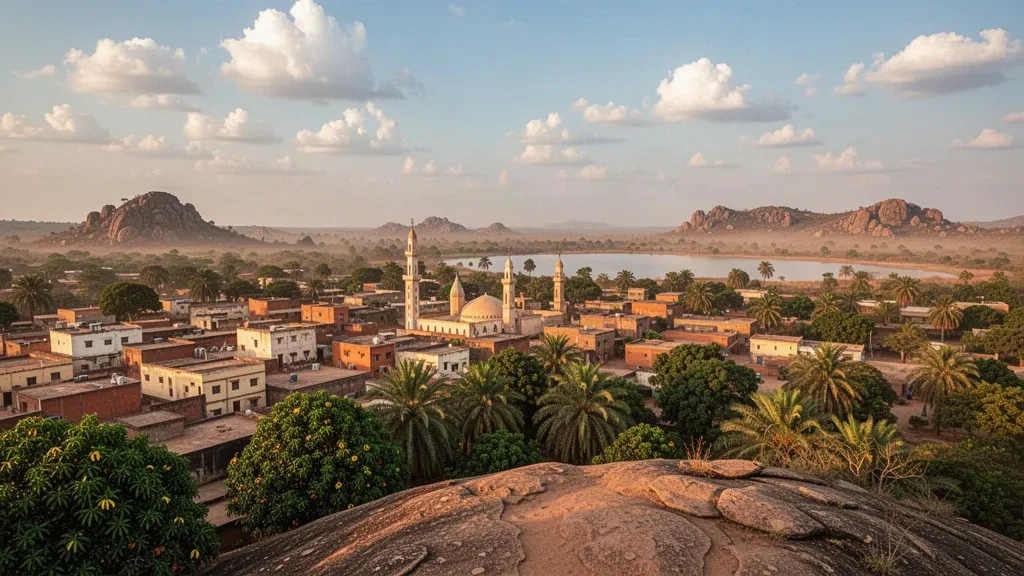 Golden-hour view over Minna, Niger State, Nigeria, with granite hills, mosque minarets and low-rise rooftops across the city