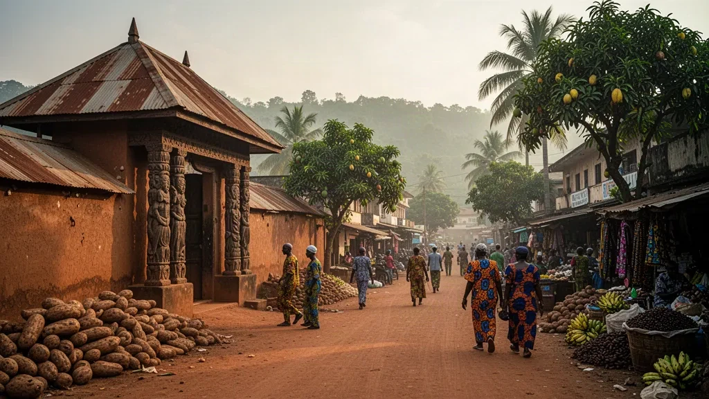 Blick zur goldenen Stunde auf eine belebte Straße in Ondo City, Nigeria, mit traditioneller Yoruba-Palastarchitektur, Marktständen und rotbraunen Erden