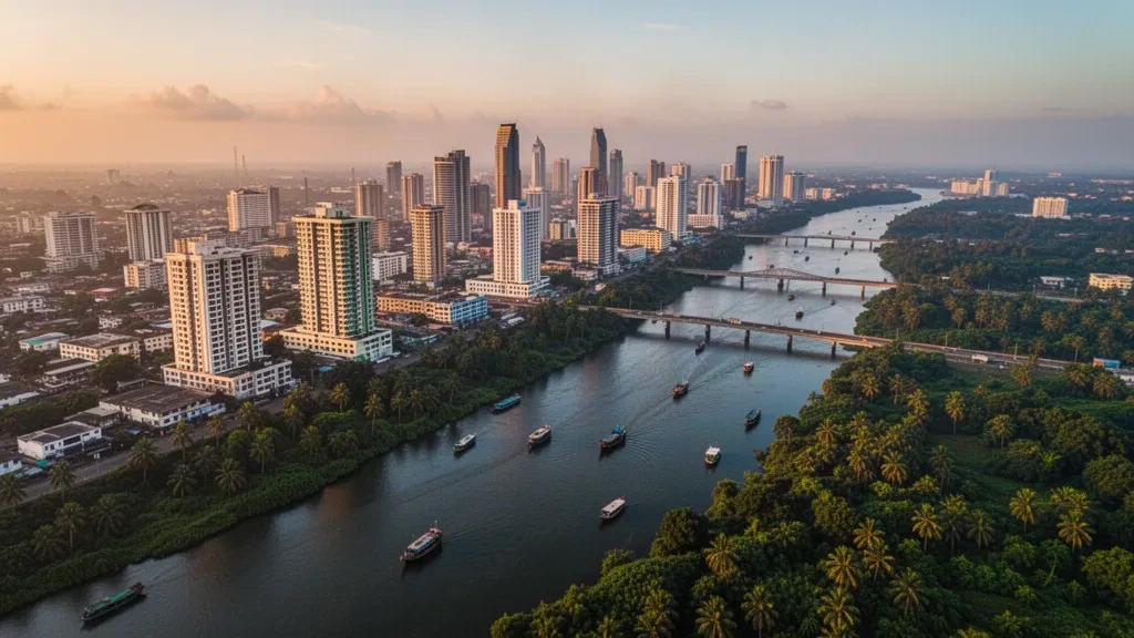 Luftaufnahme der Skyline von Port Harcourt im Bundesstaat Rivers, Nigeria, mit dem Bonny River und tropischem Grün zur goldenen Stunde.