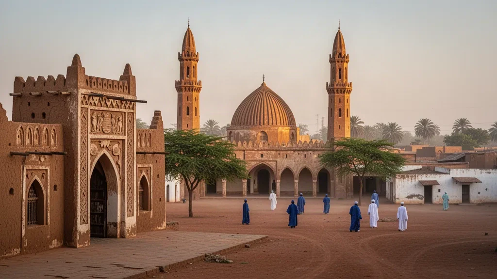 Nijerya'nın Sokoto şehrinde Shehu Camii minarelerinin ve Sultan Sarayı duvarlarının, puslu Sahel gökyüzü altında altın saat görünümü