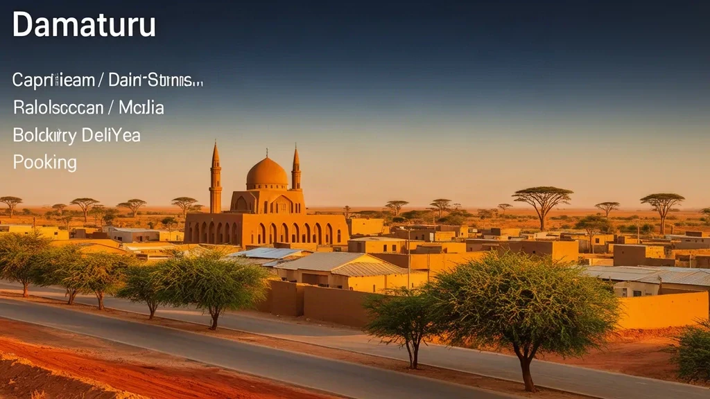 Golden-hour view of Damaturu, Yobe State, Nigeria, with its mud-brick central mosque, Sahel savanna skyline and dusty harmattan haze.