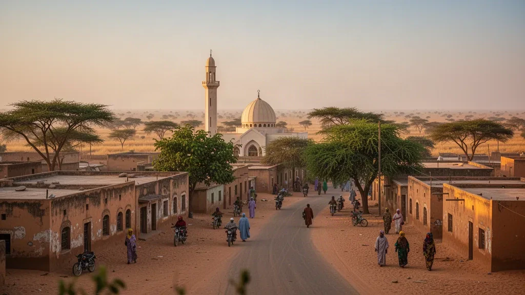 Golden-hour view of Damaturu, Yobe State, Nigeria, showing a mosque minaret, low-rise buildings and acacia trees across the Sahel savannah.