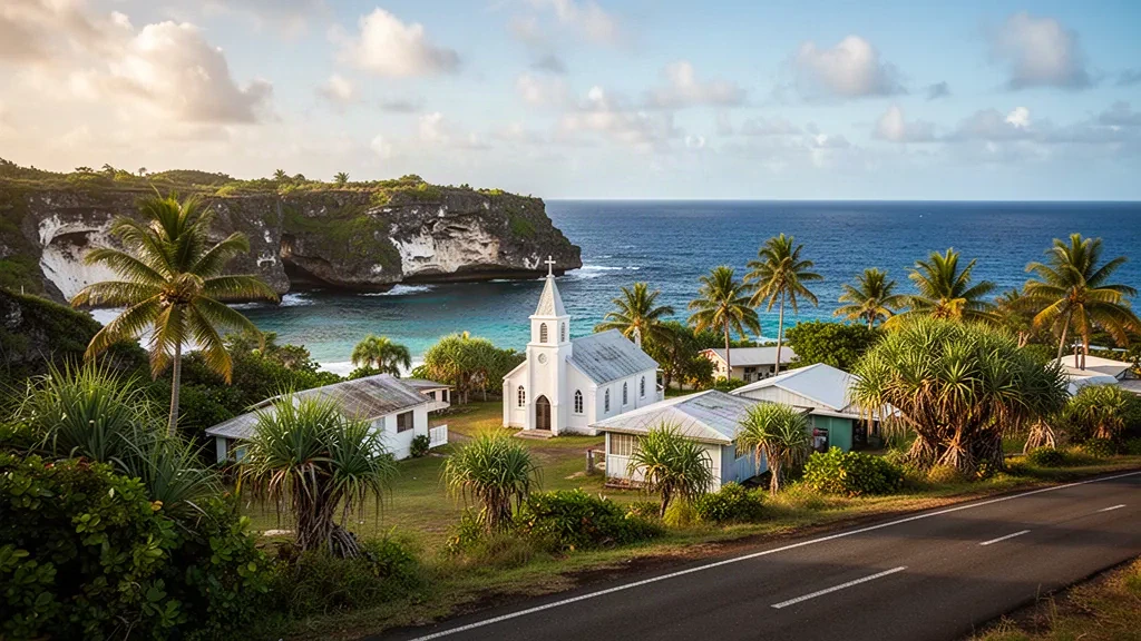 Tamakautoga village in Niue surrounded by tropical greenery, a small church, and the South Pacific coastline
