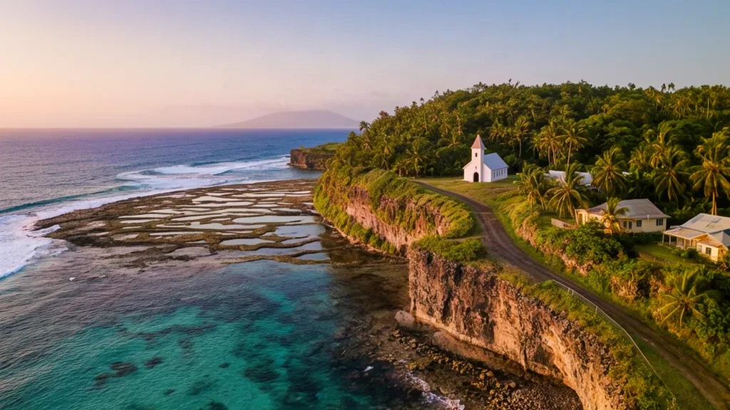 Turquoise South Pacific waters meet raised coral cliffs and lush palms at Tuapa village on Niue's northwest coast.