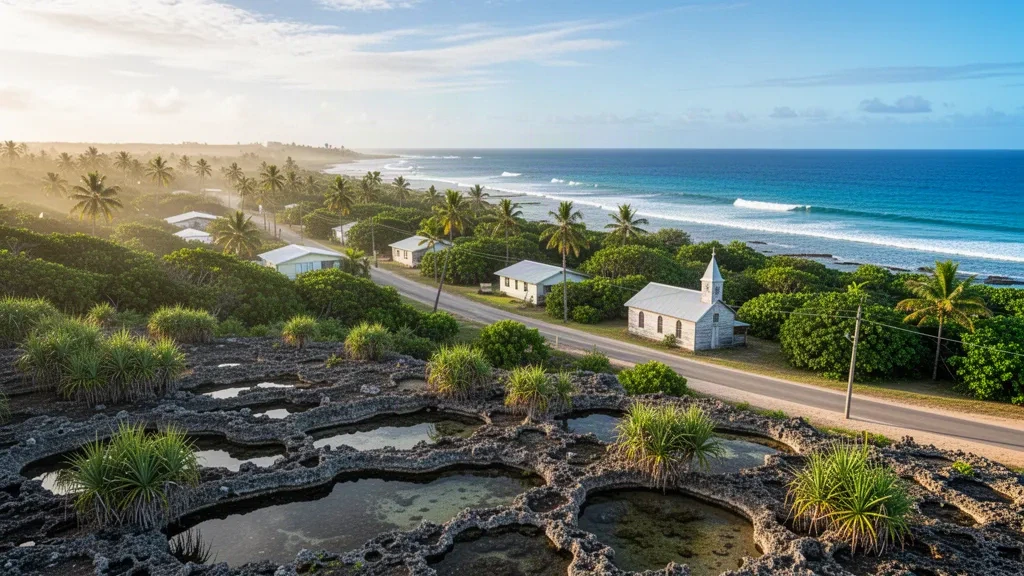 Vista costera de la aldea de Toi en Niue, con una carretera bordeada de palmeras, acantilados de piedra caliza coralina y el océano Pacífico turquesa bajo una cálida luz de tarde.