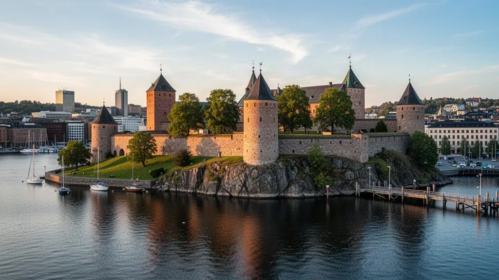 Mittelalterliche Mauern der Festung Akershus über der Uferpromenade des Oslofjords in Oslo, Norwegen, im warmen Licht der goldenen Stunde
