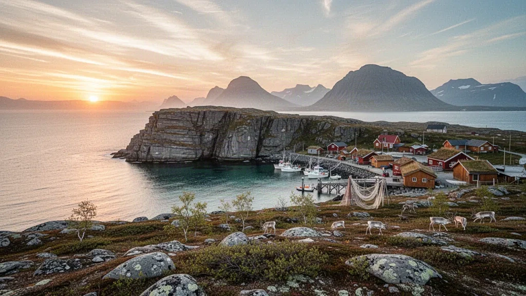 Midnight sun over Arctic cliffs and a small fishing village on the Finnmark coast in northern Norway, with the Barents Sea glowing on the horizon