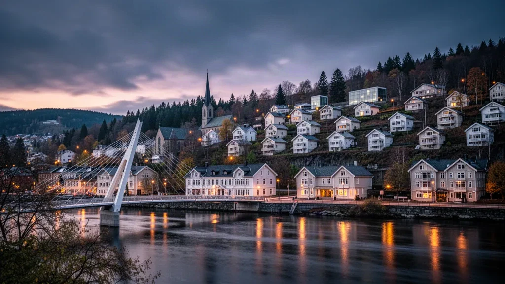 Skyline am Flussufer von Drammen in Buskerud, Norwegen, in der Abenddämmerung mit der Y-förmigen Fußgängerbrücke und Häusern am Hang, die über dem Wasser leuchten