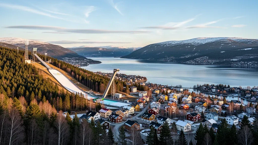 Lillehammer, Norway, with the iconic ski jump and Lake Mjøsa under golden hour light in Innlandet.