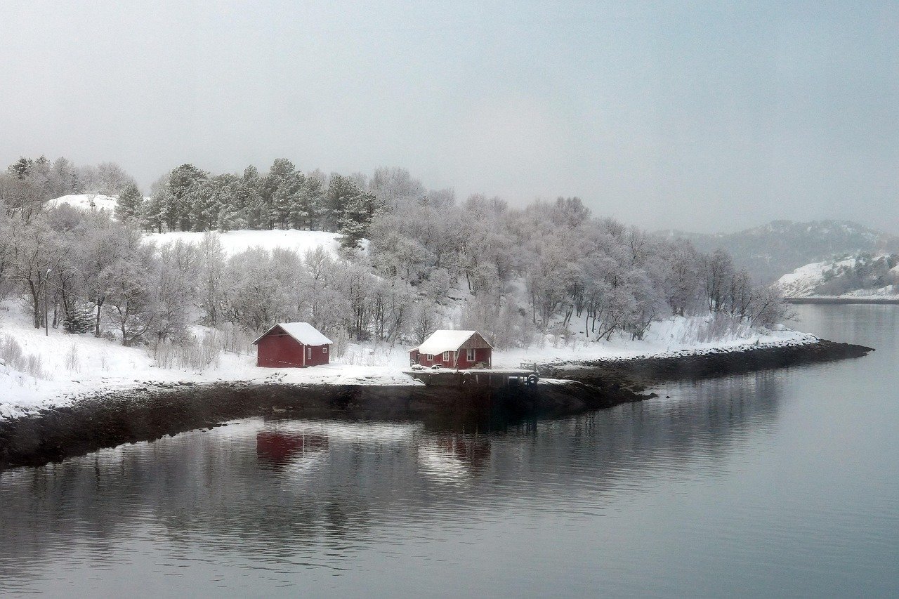 norvège, hiver, neige, atlantique, bord de rivière, maisons, paysage, nature, fjord