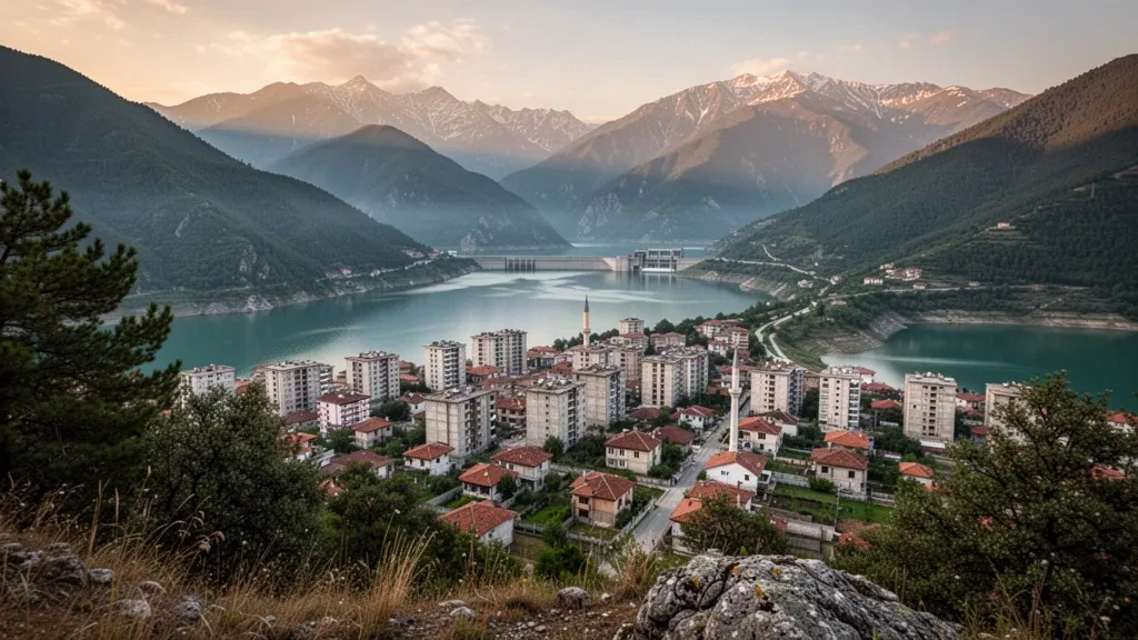 Vue panoramique de Kukës, en Albanie, avec des toits en terre cuite et le réservoir turquoise de Fierza encadré par les Alpes albanaises