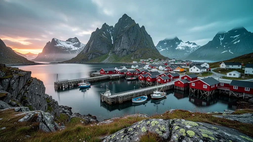 Red wooden rorbuer cabins and moored boats on the harbour at Reine, Lofoten Islands, Nordland, Norway, beneath steep snowy peaks