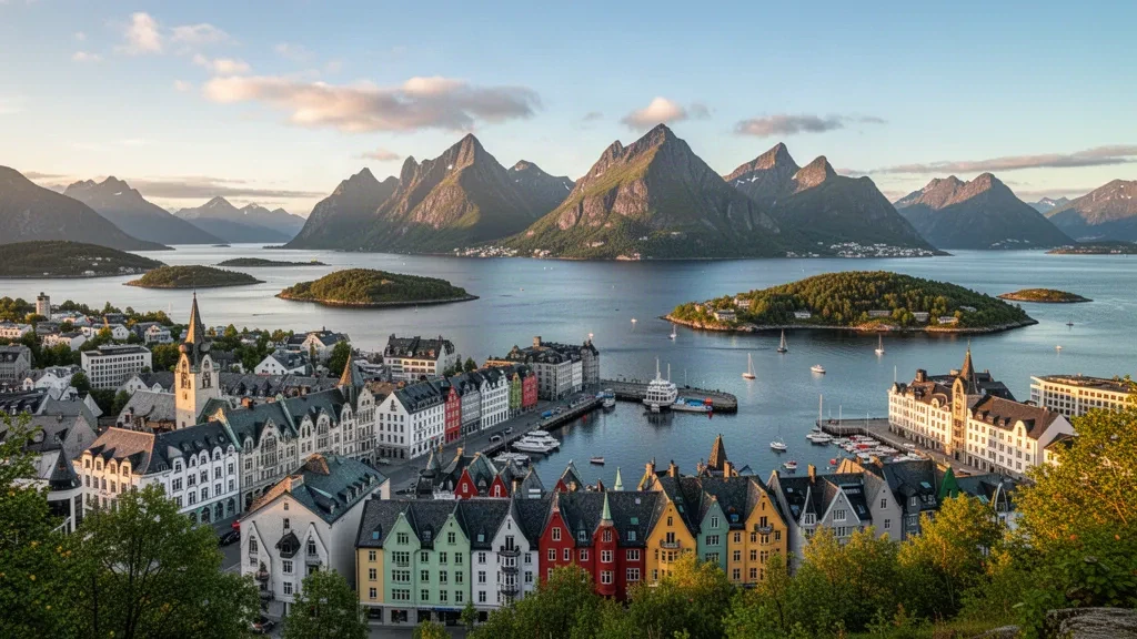 Panoramic view of Ålesund in Møre og Romsdal, Norway, from Aksla viewpoint showing Art Nouveau architecture and harbor.