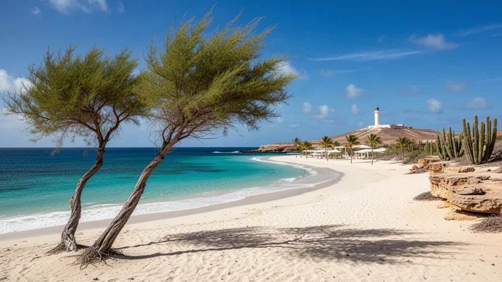 Aruba, Eagle Beach'te beyaz kum ve turkuaz Karayip suyu, kurak ada kıyı şeridi boyunca rüzgarla şekillenmiş divi-divi ağaçlarıyla çevrili