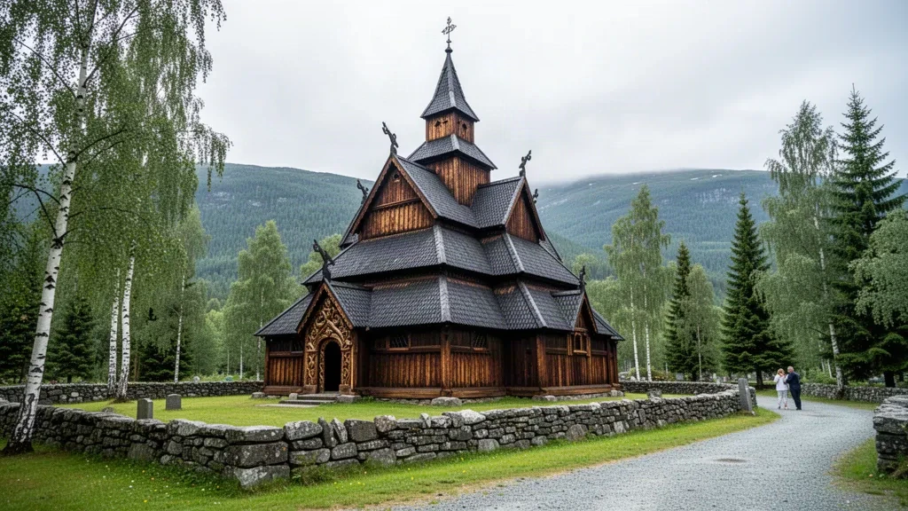 Norveç'teki Telemark'ın orta çağdan kalma ahşap simgesi Heddal Çubuk Kilisesi, yumuşak İskandinav gün ışığı altında ormanlık tepelerle çevrili