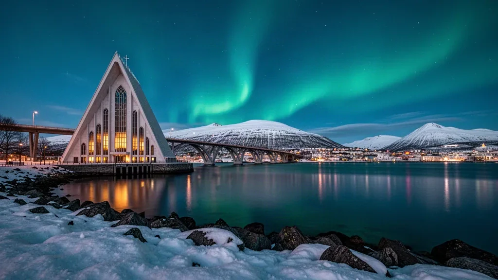 Der Arktische Dom und die Bogenbrücke von Tromsø leuchten zur blauen Stunde unter schneebedeckten Bergen und Aurora in Troms, Norwegen