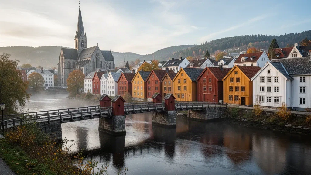 Alte Stadtbrücke und farbenfrohe Holzlagerhäuser entlang der Nidelva in Trondheim, Trøndelag, Norwegen, zur goldenen Stunde