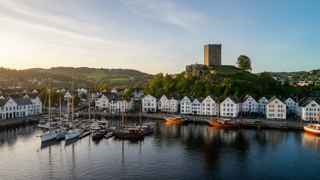 Tønsberg harbour and Slottsfjellet fortress tower overlooking the Oslofjord in Vestfold, Norway at golden hour