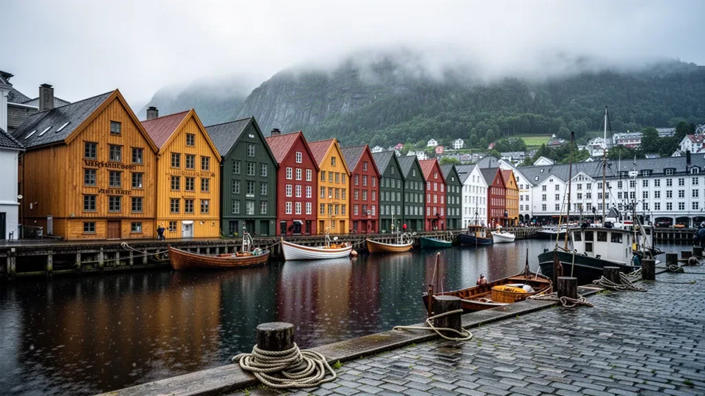 Quai de Bryggen à Bergen, Vestland, Norvège, avec des maisons hanséatiques colorées en bois le long du port et des montagnes boisées en arrière-plan