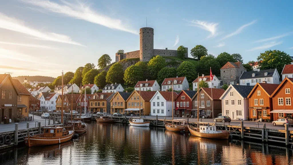 Der Hafen von Tønsberg mit dem historischen Turm der Festung Slottsfjellet und Holzbooten im goldenen Abendlicht in Vestfold, Norwegen.