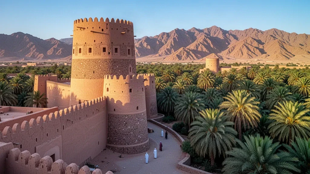 Der Rundturm und die zinnenbewehrten Mauern von Fort Nizwa erheben sich über einer Dattelpalmenoase in Ad Dakhiliyah, Oman, in warmem Licht zur goldenen Stunde.
