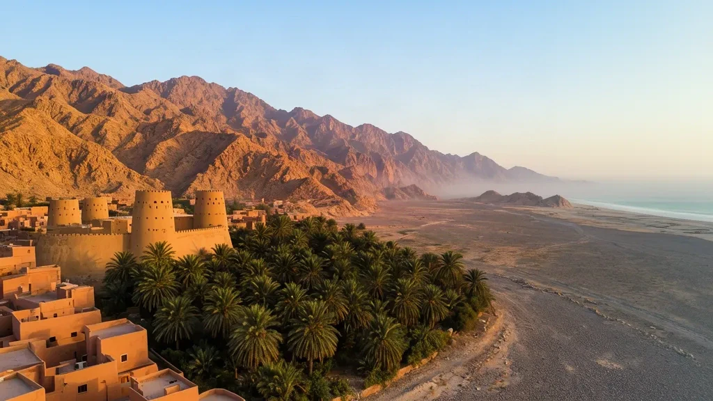 Fort Rustaq und Dattelpalmenoase vor der Kulisse des Hajar-Gebirges in Al Batinah South, Oman, zur goldenen Stunde