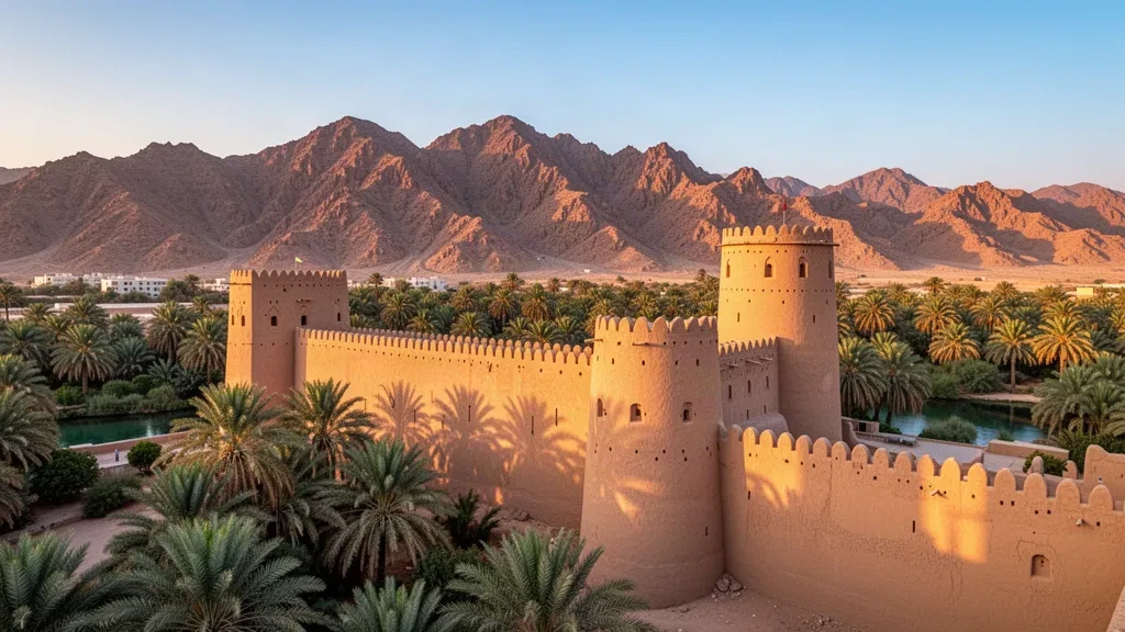 Historisches Fort Rustaq in Al Batinah South, Oman, umgeben von Dattelpalmen und Bergen zur goldenen Stunde.
