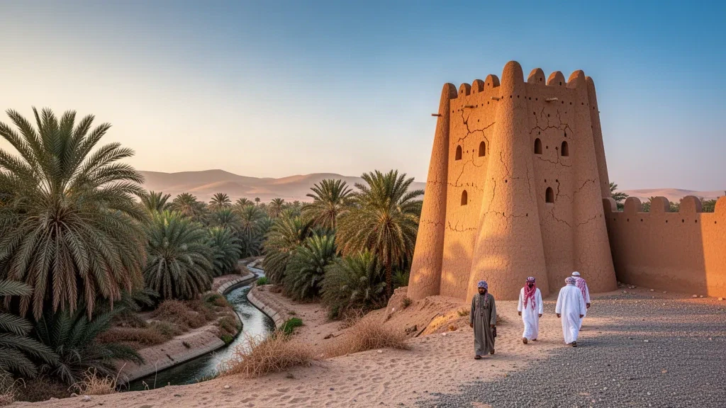 Fort historique en briques de terre et tour de guet s'élevant au-dessus de l'oasis de palmiers dattiers d'Al Buraimi, à Oman, dans une chaude lumière de fin d'après-midi désertique