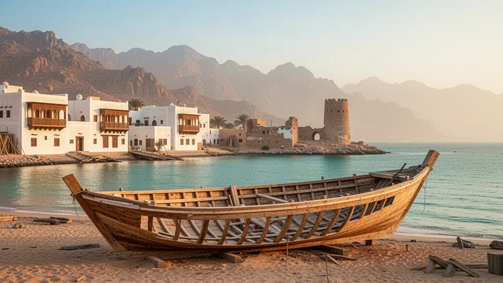 Dhows en bois traditionnels sur le front de mer à Sur, capitale du gouvernorat d'Ash Sharqiyah South à Oman