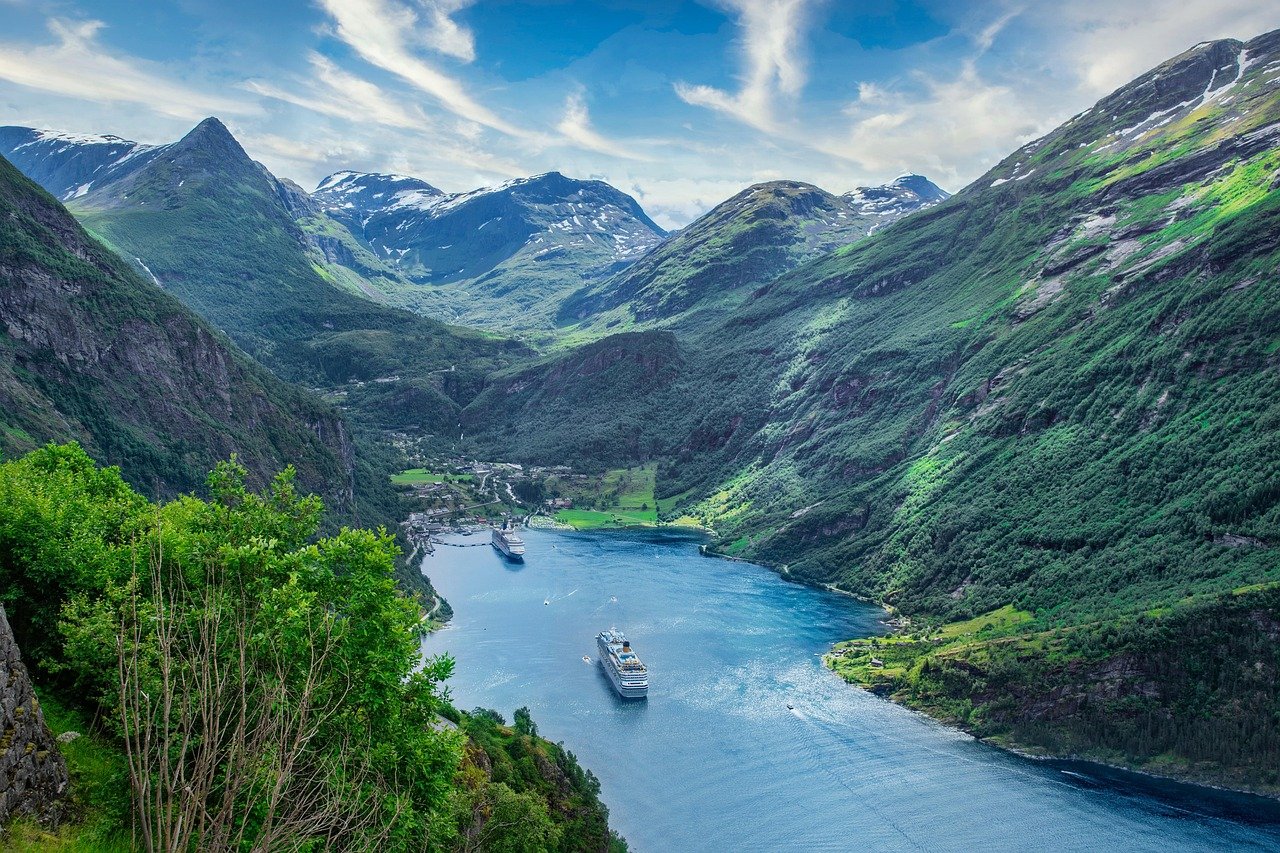 ships, sea, mountains, nature, fjord, inlet, water, port, boats, cruise, travel, mountain range