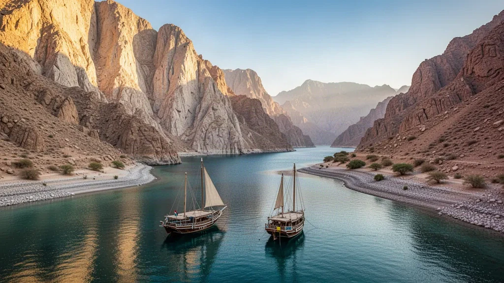 Traditional dhow boats anchored on turquoise fjord waters of Musandam near Khasab, Oman, framed by towering limestone cliffs