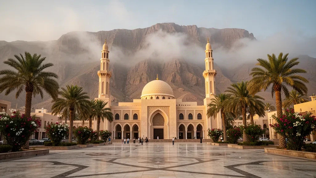Vista al atardecer de la Mezquita del Sultán Qaboos en Salalah, Dhofar, enmarcada por palmeras con las montañas Jabal Qara cubiertas de niebla al fondo