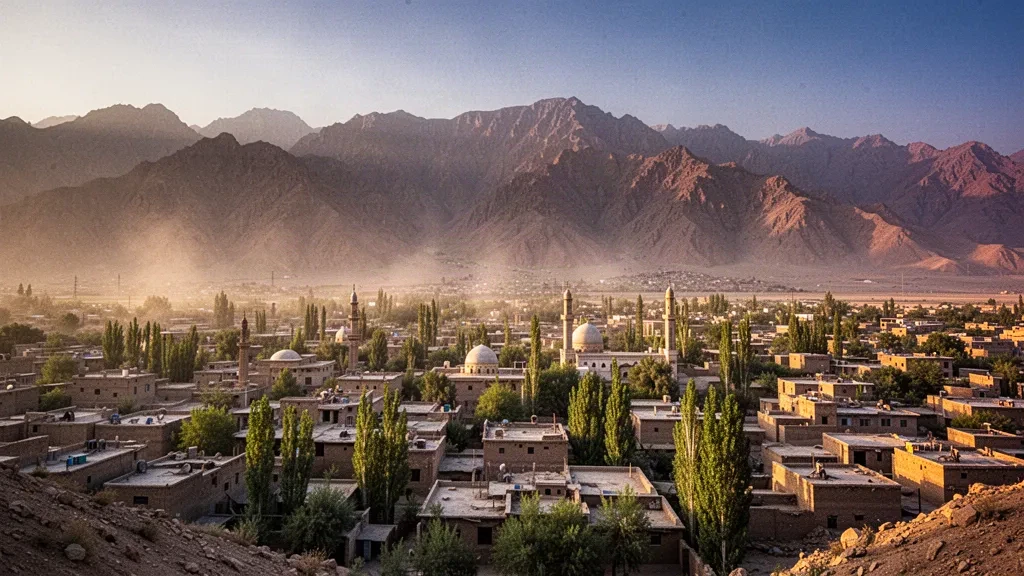 Veduta durante l'ora d'oro su Quetta, Belucistan, con tetti bassi e le aspre montagne Chiltan che si ergono dietro la città