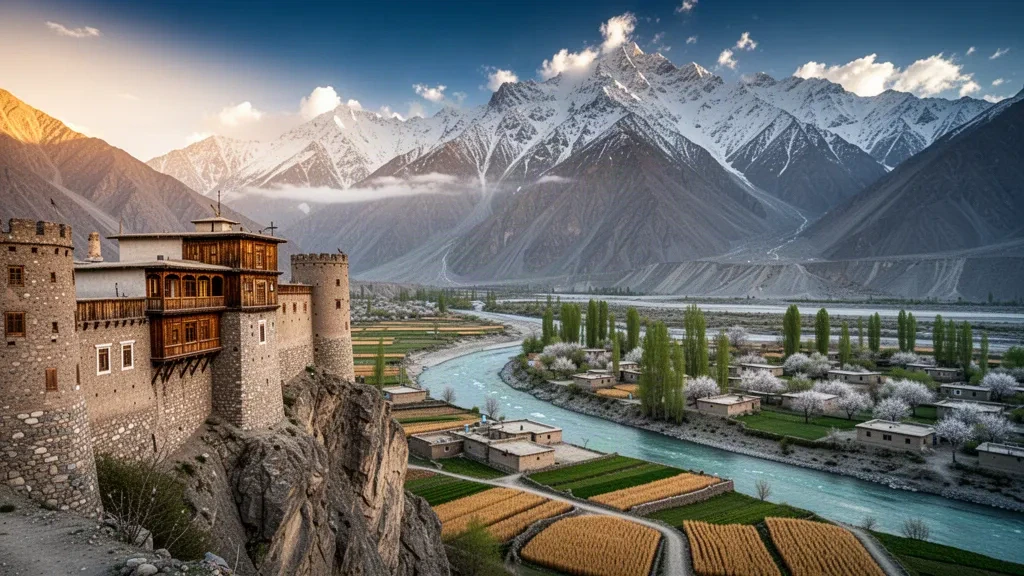 Fuerte histórico de piedra sobre campos abancalados y un río glaciar en el valle de Hunza, con picos nevados del Karakórum al fondo, Gilgit-Baltistán, Pakistán