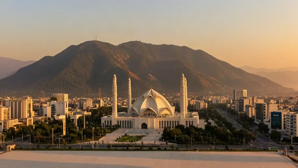Faisal Mosque and the green Margalla Hills framing Islamabad's modern skyline at golden hour, a premium city view for travel and transfers.